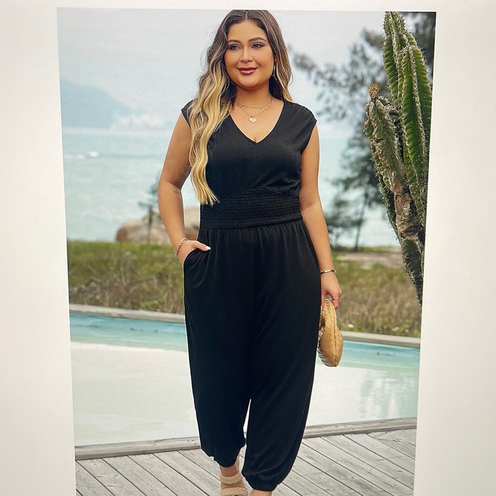 Black V-Neck Smocked Waist Jumpsuit